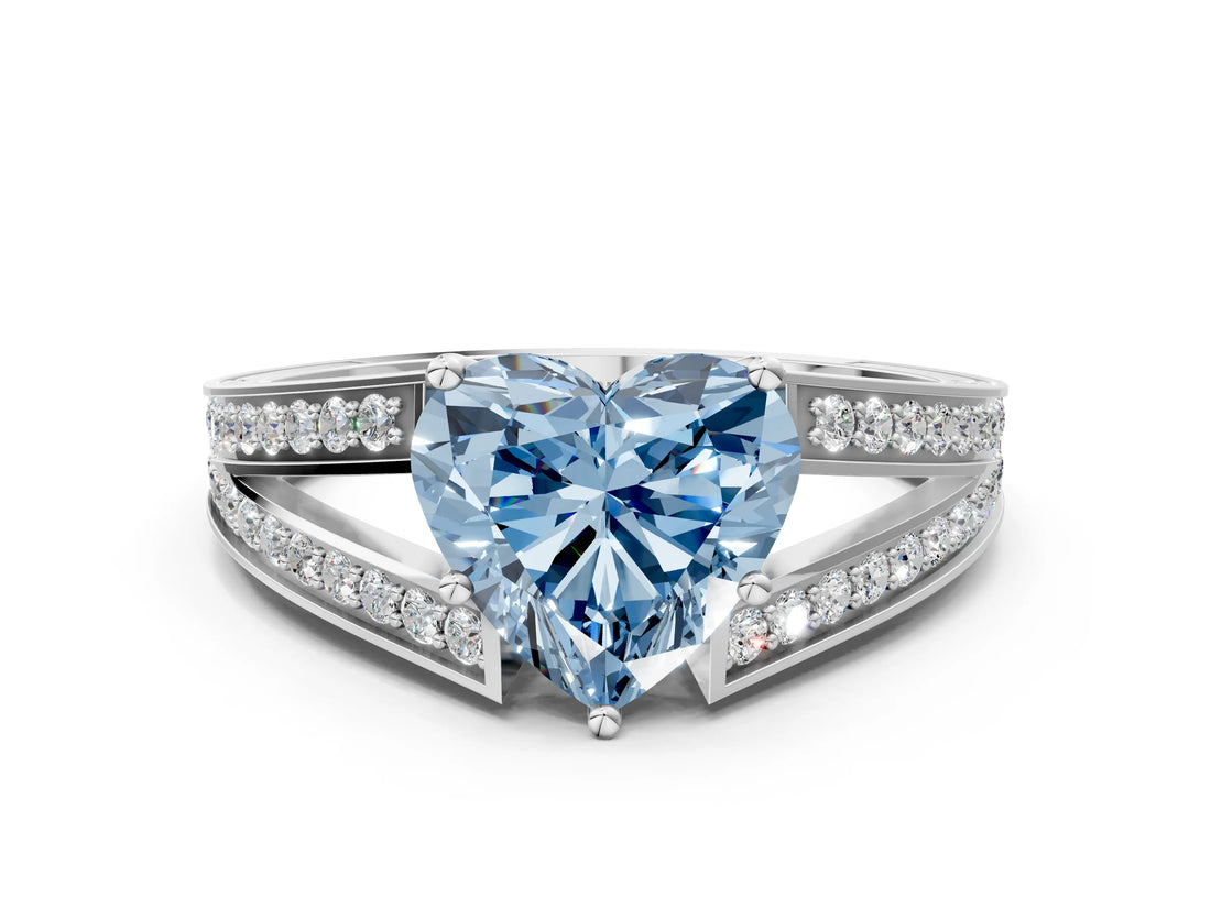 White gold Fancy Blue Heart Cut Diamond Split Shank Ring with Pavé Band and Four-Prong Setting_40