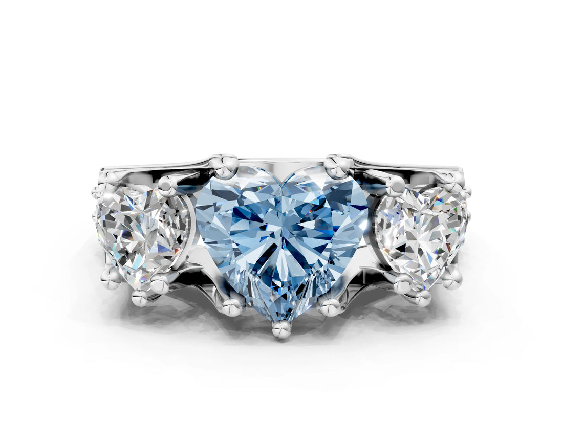 White gold Fancy Blue Heart Cut Diamond Three-Stone Ring with Channel Set Band and Four-Prong Setting_64