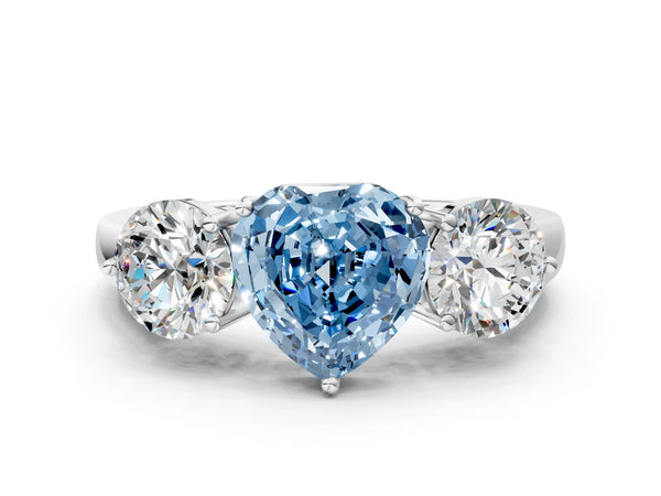 Platinum Fancy Blue Heart Cut Diamond Three-Stone Ring with Prong Setting and Classic Band