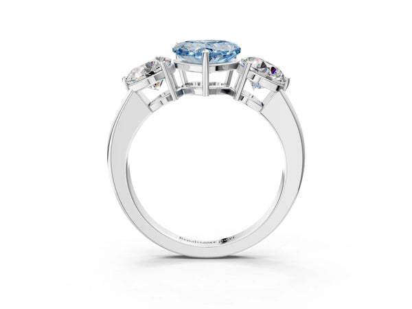 Platinum Fancy Blue Heart Cut Diamond Three-Stone Ring with Prong Setting and Classic Band