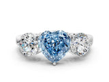 White gold Fancy Blue Heart Cut Diamond Three-Stone Ring with Prong Setting and Classic Band_123