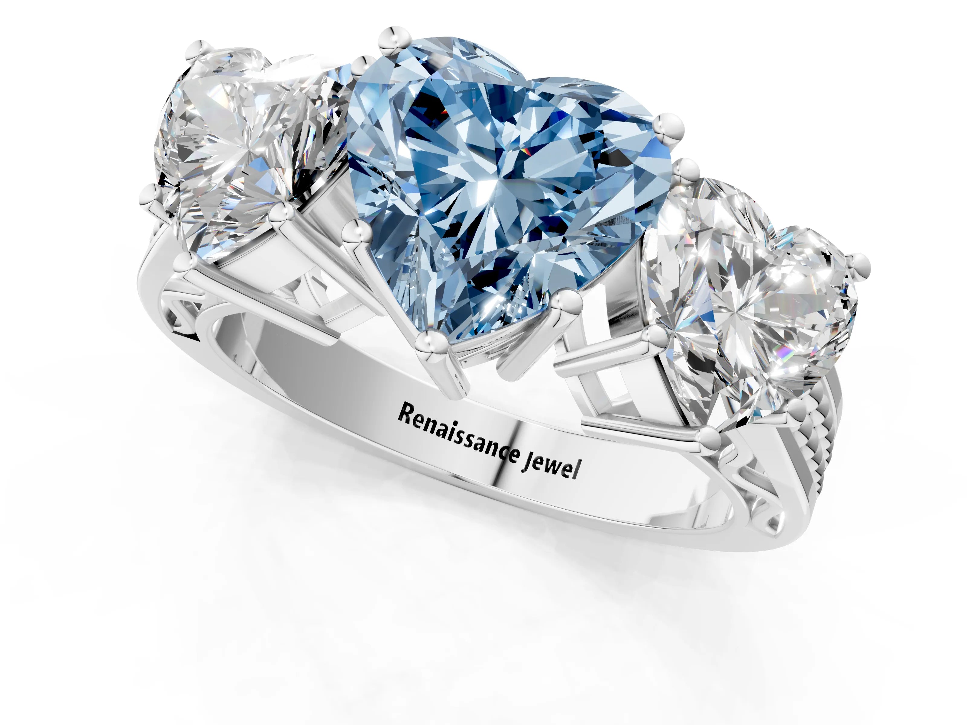 White gold Fancy Blue Heart Cut Diamond Three-Stone Ring with Prong Setting and Textured Band_13