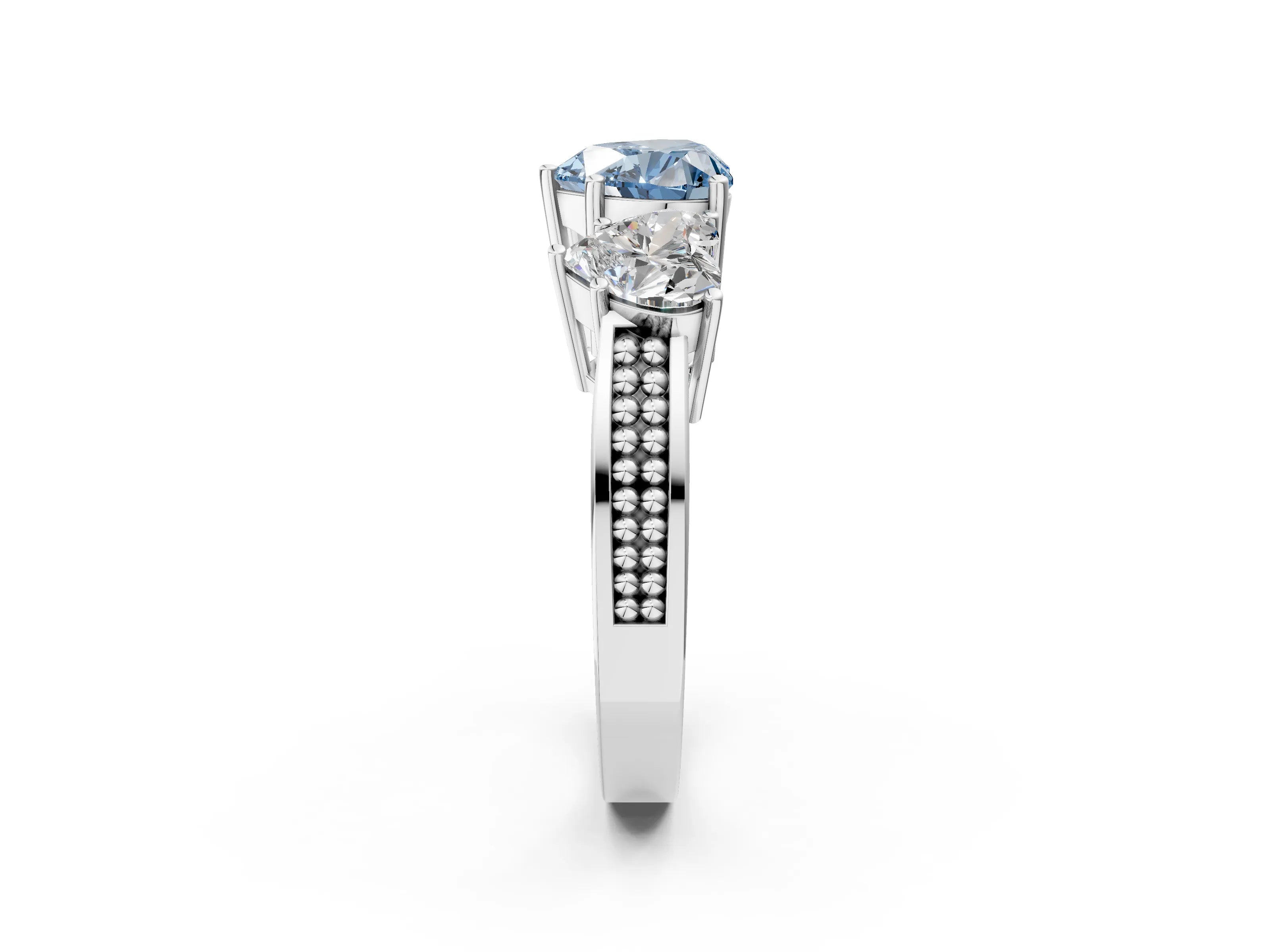 White gold Fancy Blue Heart Cut Diamond Three-Stone Ring with Prong Setting and Textured Band_14