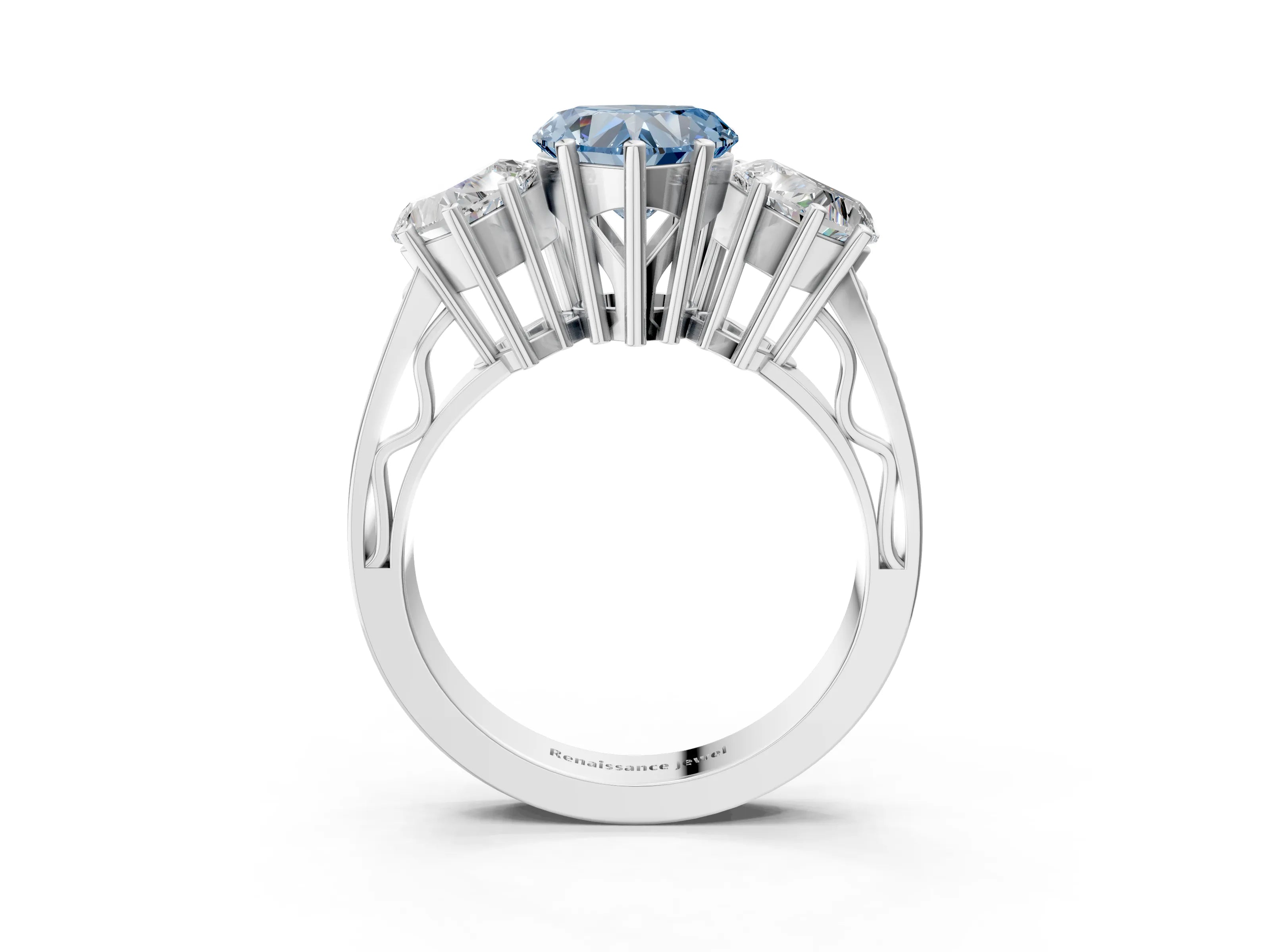 White gold Fancy Blue Heart Cut Diamond Three-Stone Ring with Prong Setting and Textured Band_15