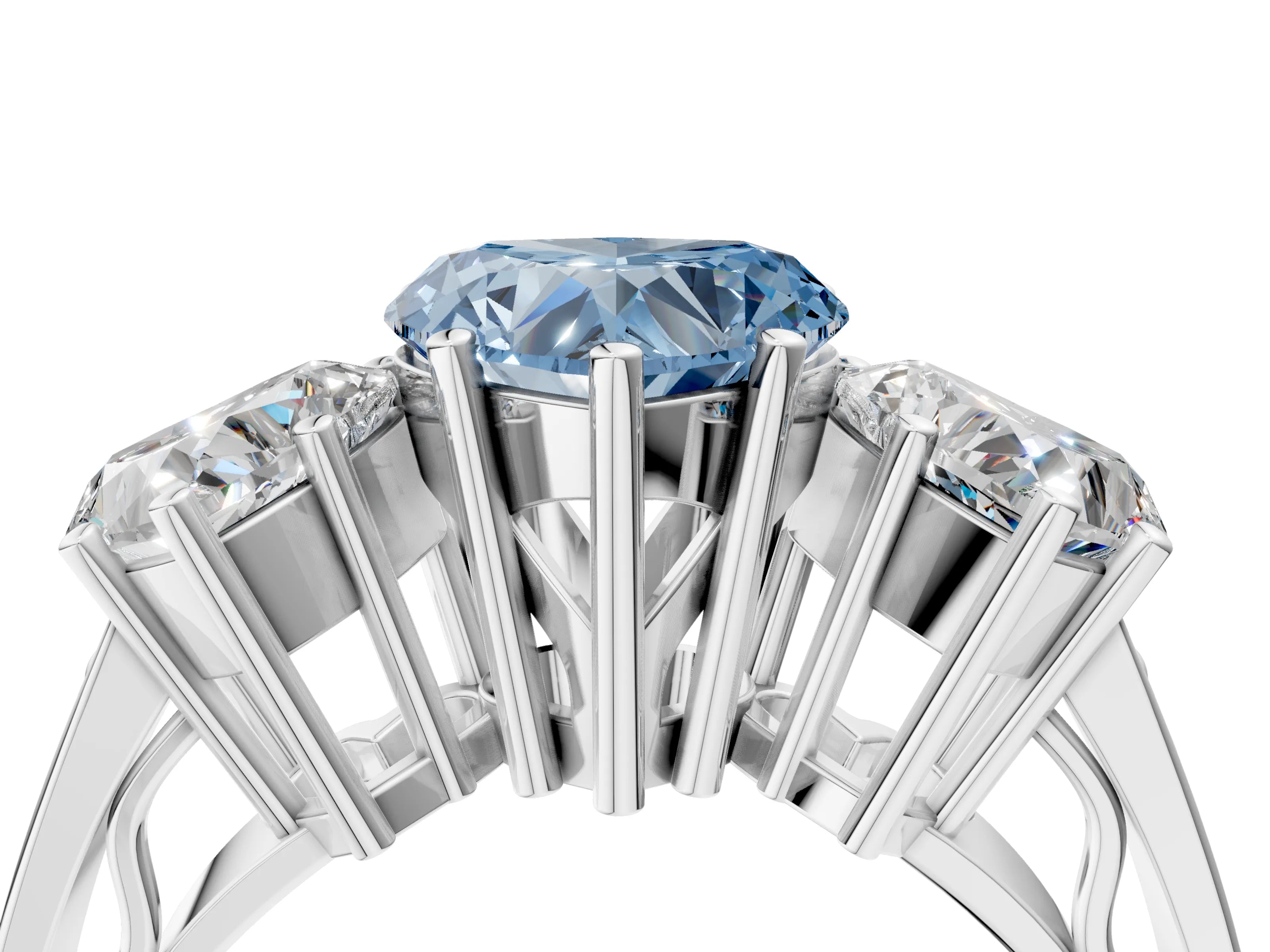 White gold Fancy Blue Heart Cut Diamond Three-Stone Ring with Prong Setting and Textured Band_16