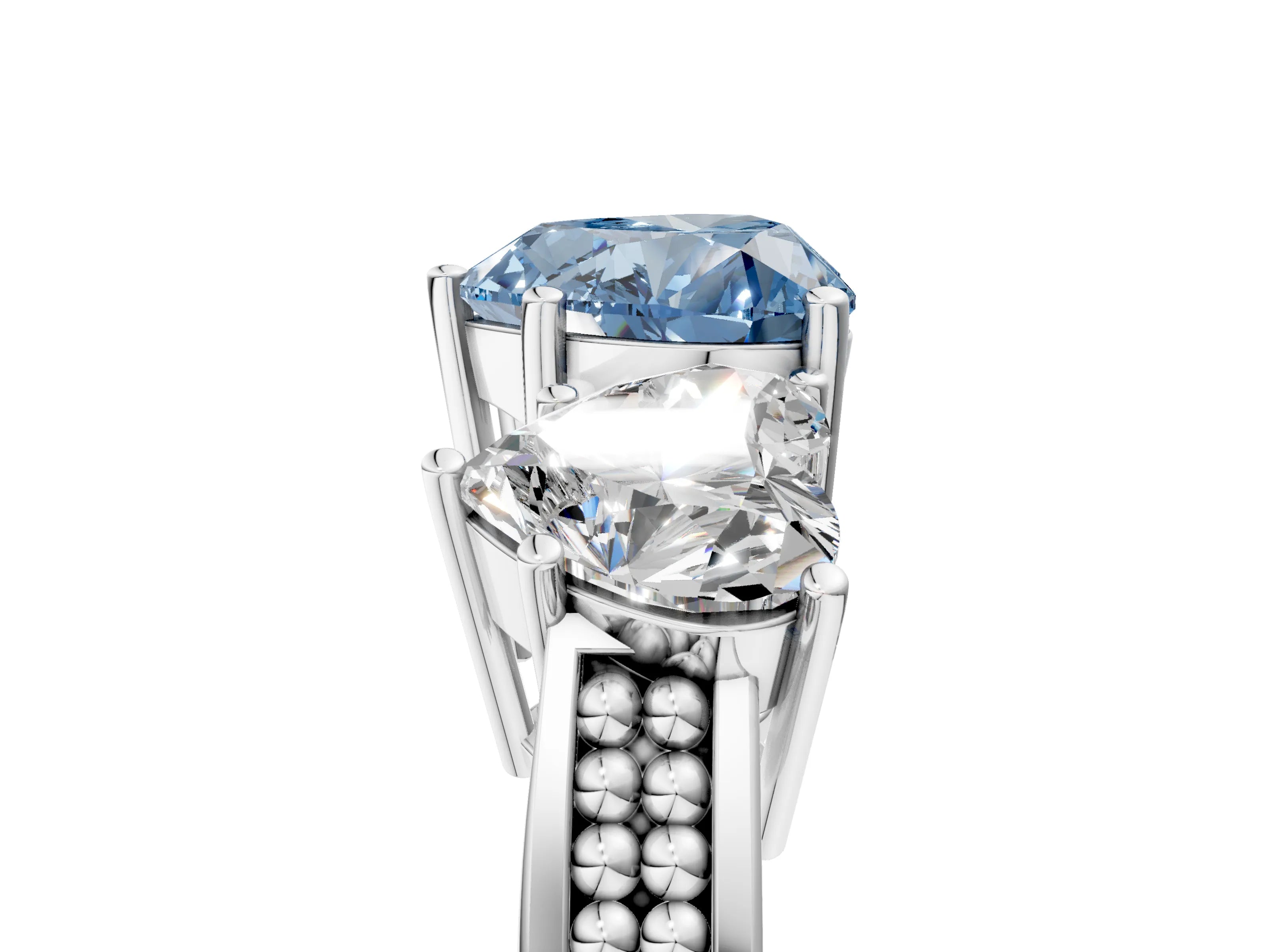 White gold Fancy Blue Heart Cut Diamond Three-Stone Ring with Prong Setting and Textured Band_17