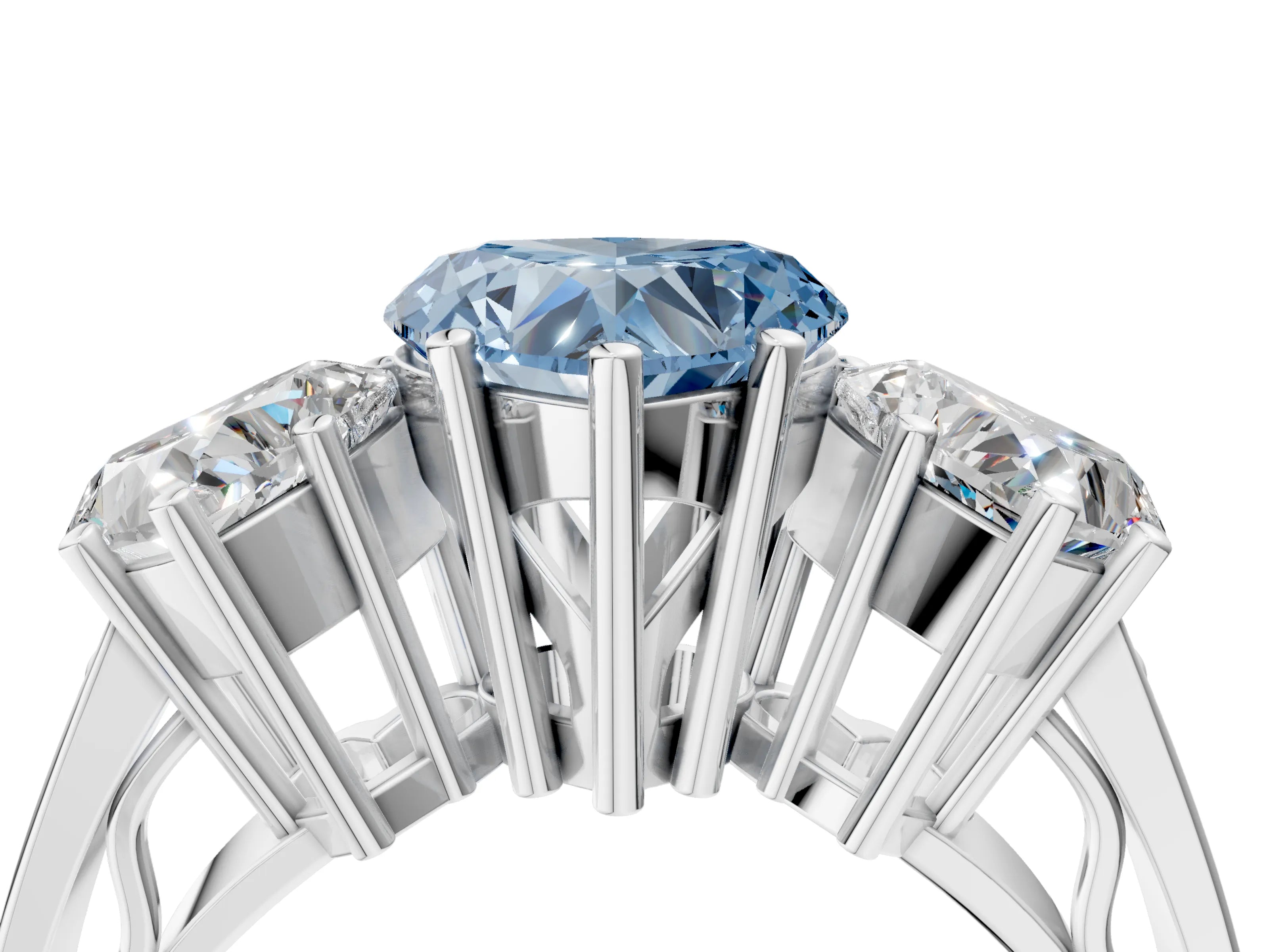 White gold Fancy Blue Heart Cut Diamond Three-Stone Ring with Prong Setting and Textured Band_4