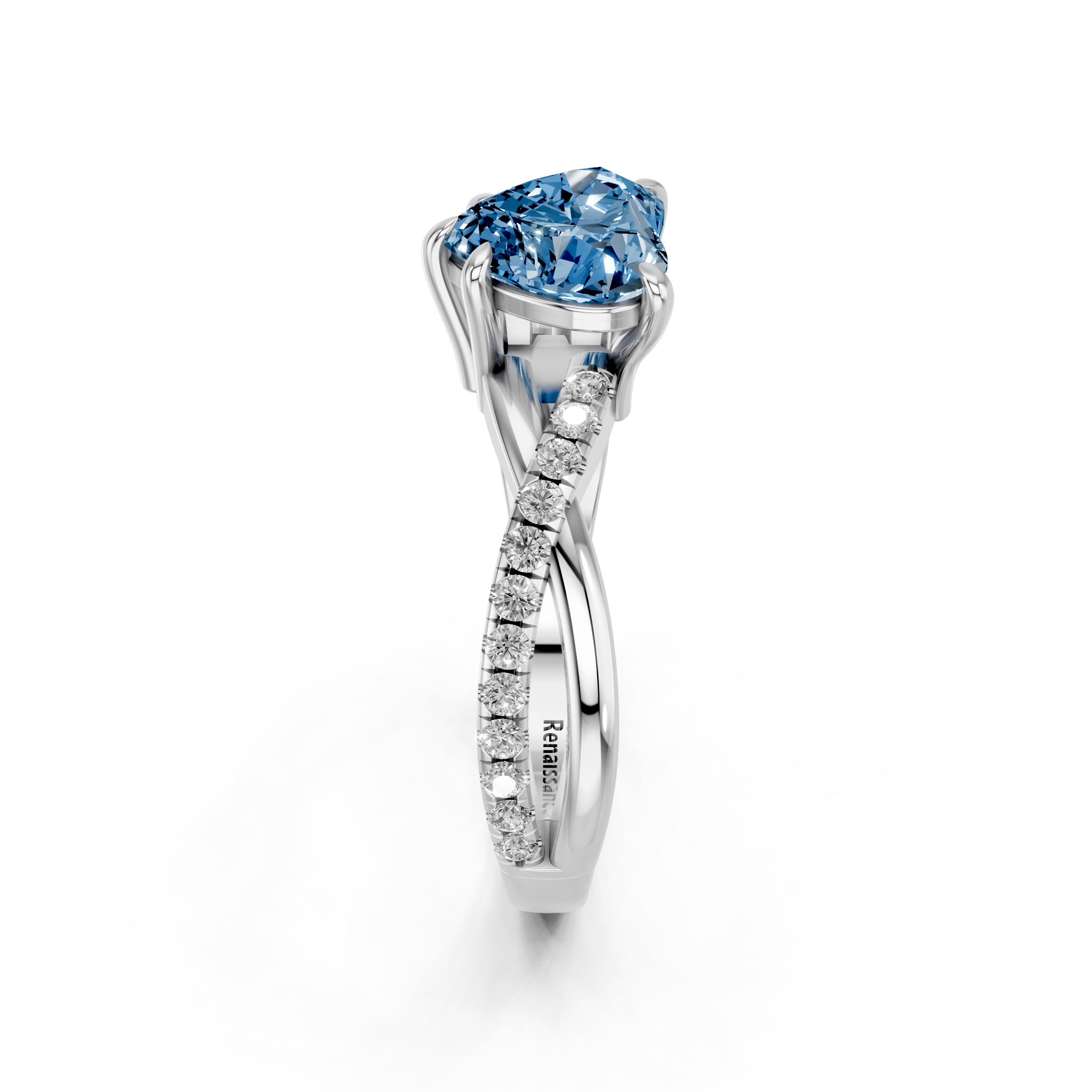 White gold Fancy Blue Heart  Cut Diamond Twist Band Solitaire with Prong Setting_4