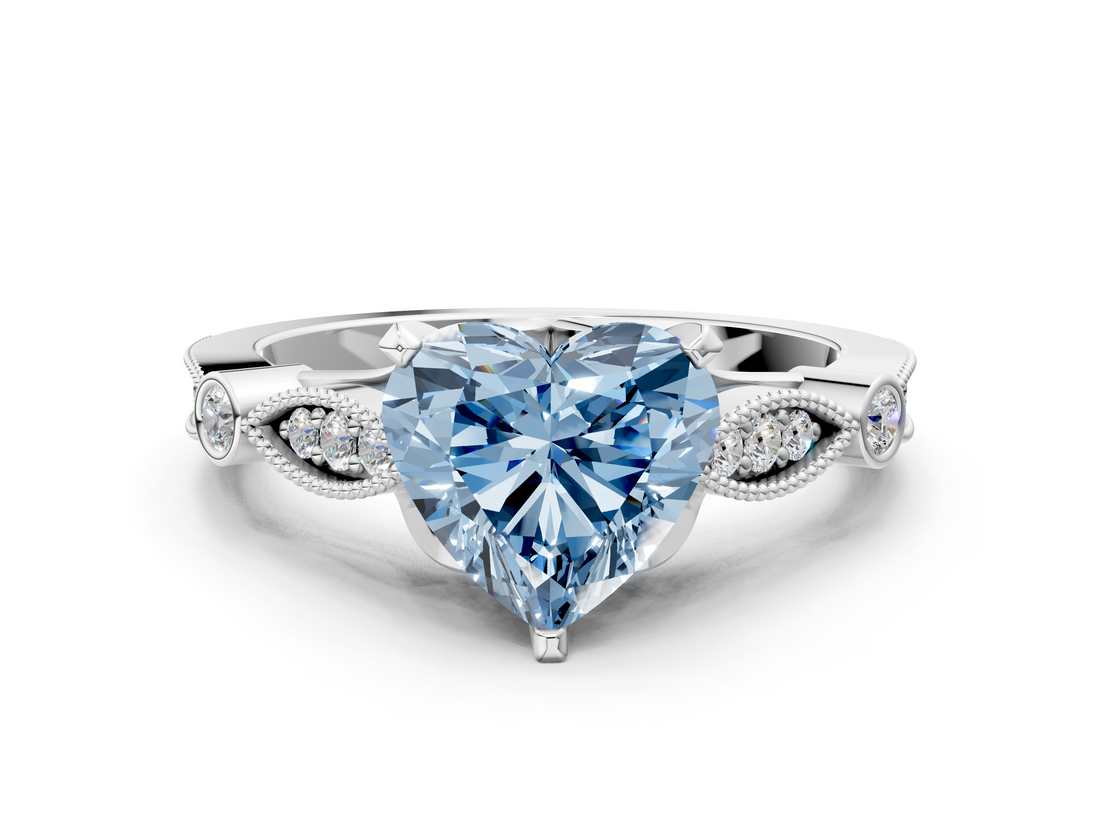 White gold Fancy Blue Heart  Cut Diamond with Milgrain Marquise and Bezel Accents on a Solitaire Band with Prong Setting_237