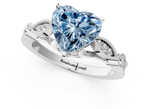 Platinum Fancy Blue Heart  Cut Diamond with Milgrain Marquise and Bezel Accents on a Solitaire Band with Prong Setting