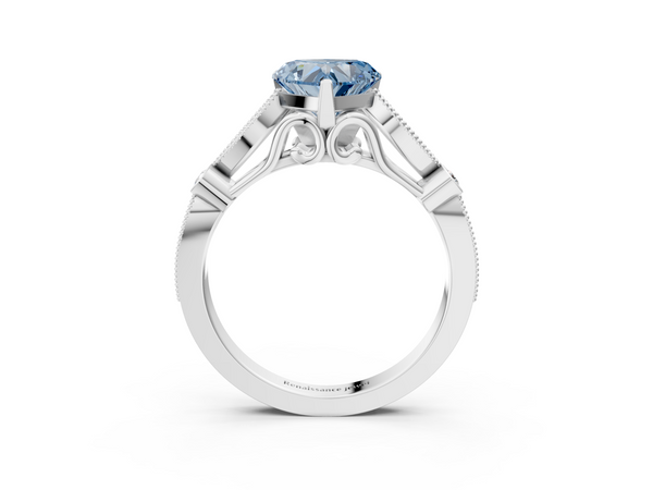 Platinum Fancy Blue Heart  Cut Diamond with Milgrain Marquise and Bezel Accents on a Solitaire Band with Prong Setting
