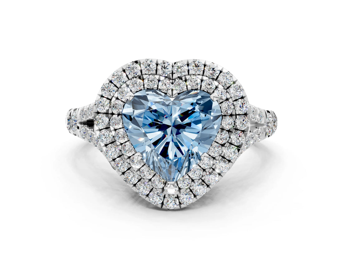 White gold Fancy Blue Heart  Cut Double Halo Split Shank Diamond Ring with Prong Setting_49