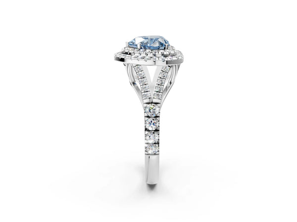 White gold Fancy Blue Heart  Cut Double Halo Split Shank Diamond Ring with Prong Setting