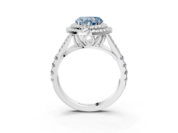 White gold Fancy Blue Heart  Cut Double Halo Split Shank Diamond Ring with Prong Setting