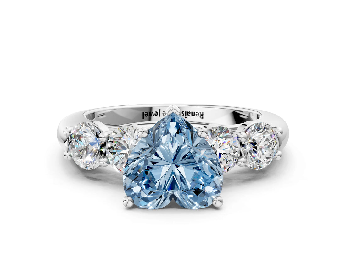 White gold Fancy Blue Heart  Cut Five-Stone Prong Set Diamond Ring with Classic Band_30