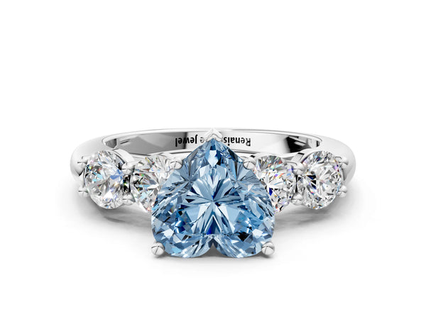 White gold Fancy Blue Heart  Cut Five-Stone Prong Set Diamond Ring with Classic Band