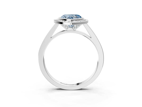 White gold Fancy Blue Heart Cut Halo Bezel Diamond Pave Band Ring