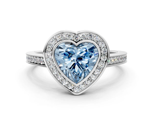 White gold Fancy Blue Heart Cut Halo Bezel Diamond Pave Band Ring