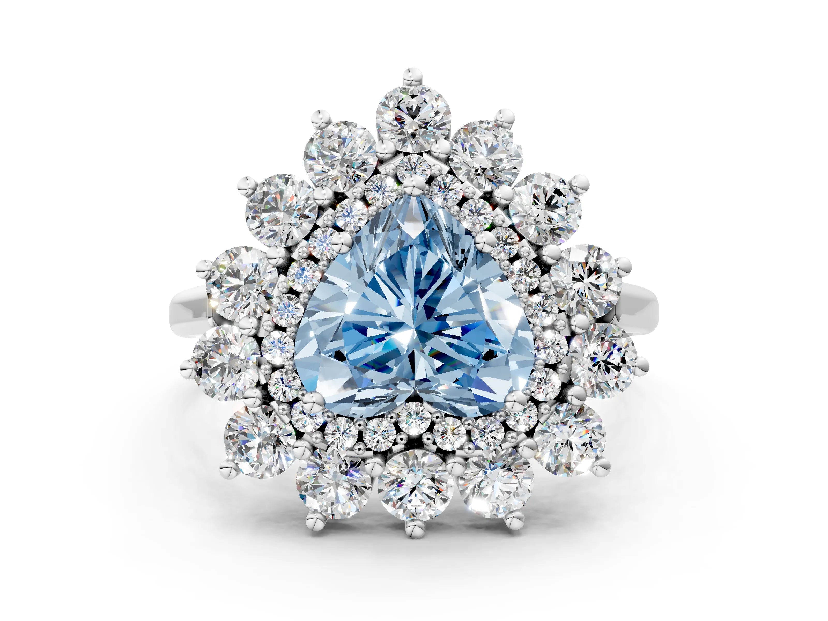 White gold Fancy Blue Heart Cut Halo Cluster Diamond Ring with Pave Band and Four-Prong Setting