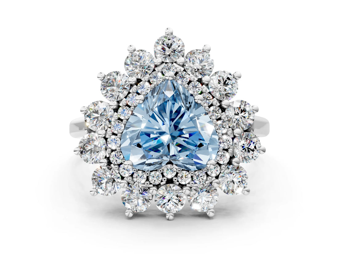 White gold Fancy Blue Heart Cut Halo Cluster Diamond Ring with Pave Band and Four-Prong Setting_12