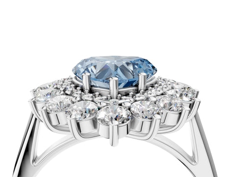 White gold Fancy Blue Heart Cut Halo Cluster Diamond Ring with Pave Band and Four-Prong Setting_16