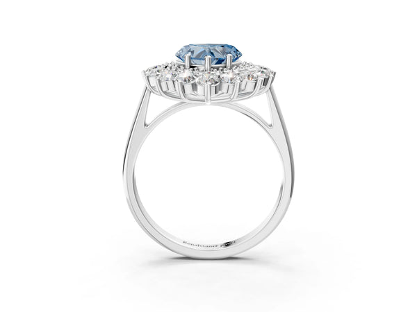 Platinum Fancy Blue Heart Cut Halo Cluster Diamond Ring with Pave Band and Four-Prong Setting
