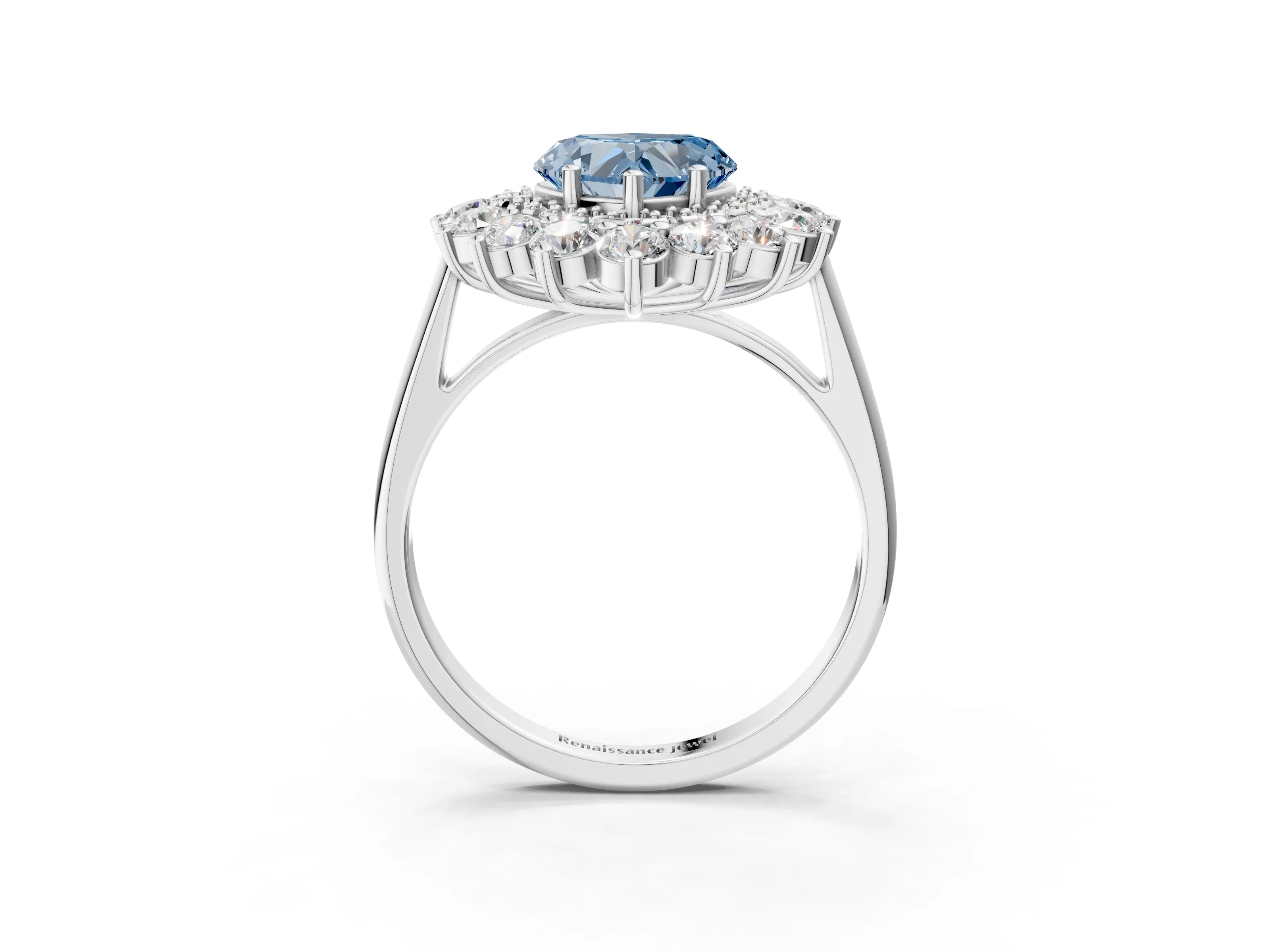 White gold Fancy Blue Heart Cut Halo Cluster Diamond Ring with Pave Band and Four-Prong Setting_3