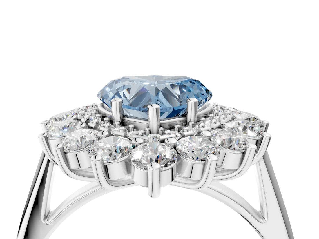 White gold Fancy Blue Heart Cut Halo Cluster Diamond Ring with Pave Band and Four-Prong Setting_4