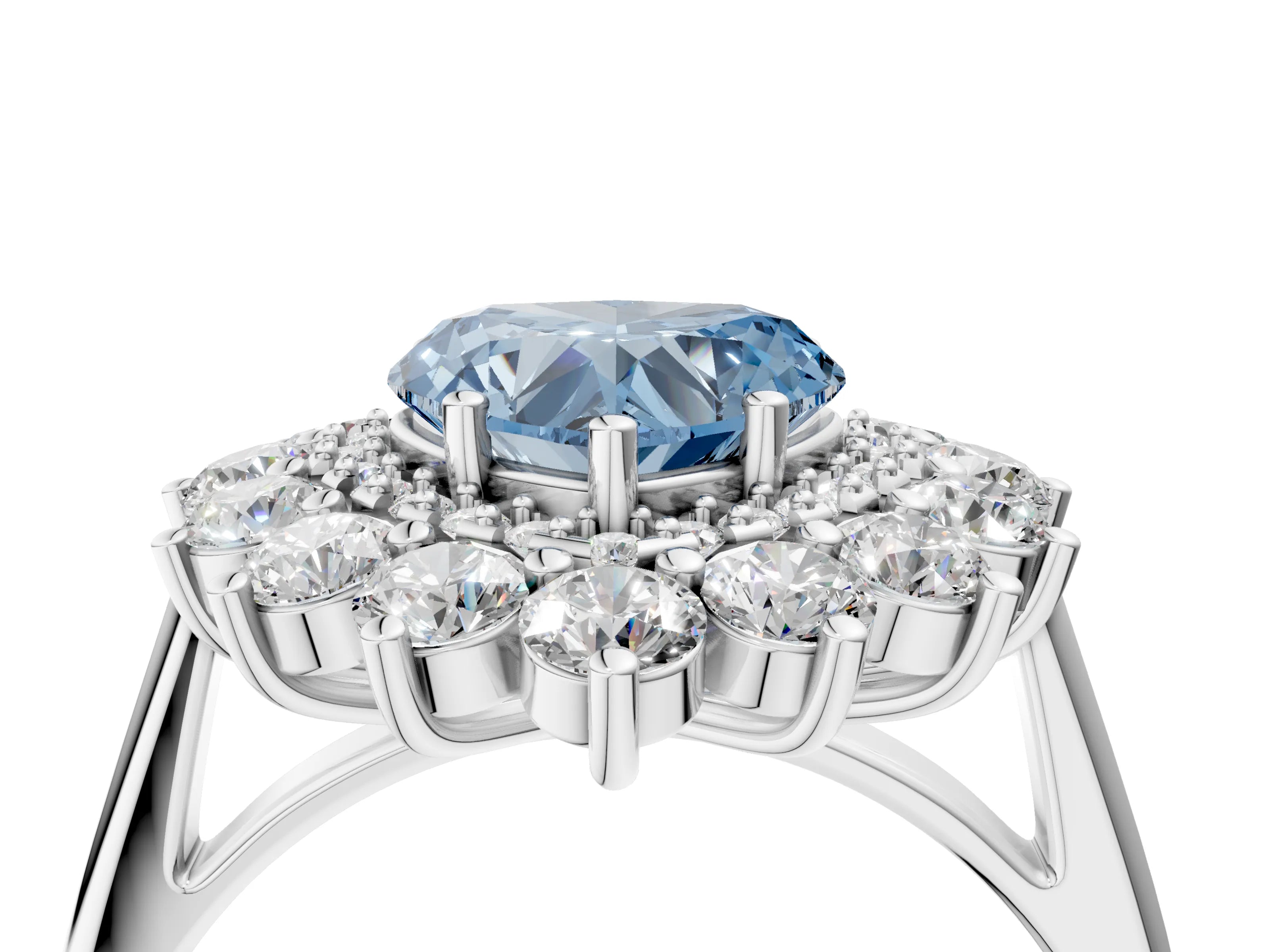 White gold Fancy Blue Heart Cut Halo Cluster Diamond Ring with Pave Band and Four-Prong Setting_4
