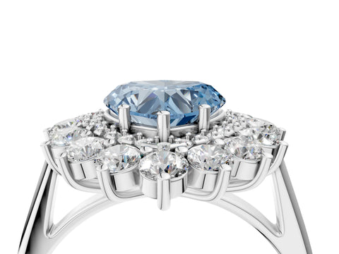 White gold Fancy Blue Heart Cut Halo Cluster Diamond Ring with Pave Band and Four-Prong Setting_4