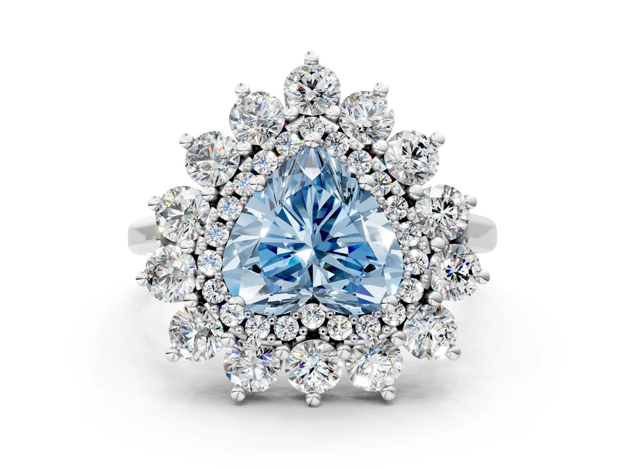 White gold Fancy Blue Heart Cut Halo Cluster Diamond Ring with Pave Band and Four-Prong Setting