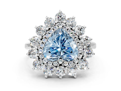 White gold Fancy Blue Heart Cut Halo Cluster Diamond Ring with Pave Band and Four-Prong Setting