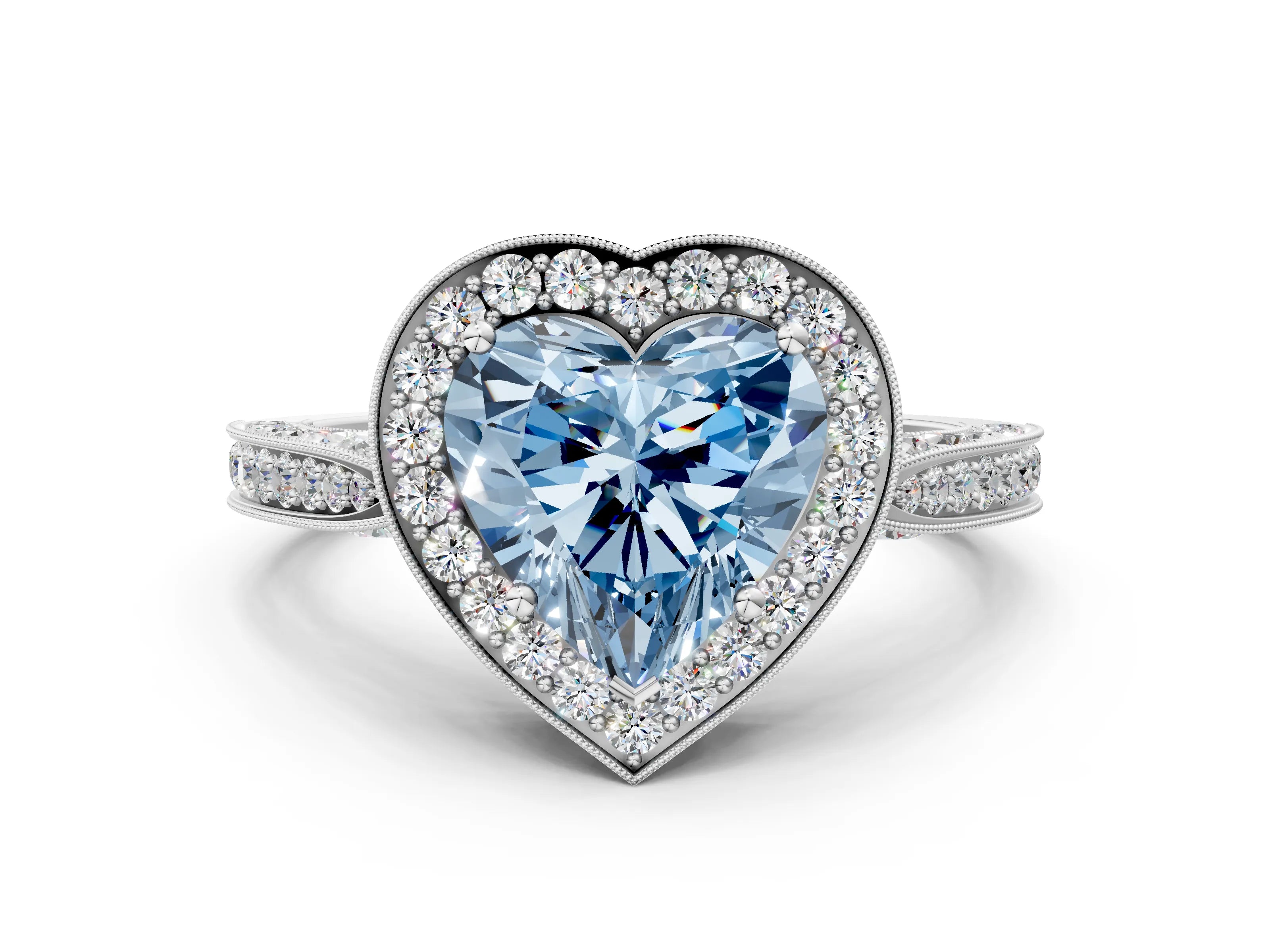 White gold Fancy Blue Heart Cut Halo Diamond Engagement Ring with Split Shank Band and Four-Prong Setting_12