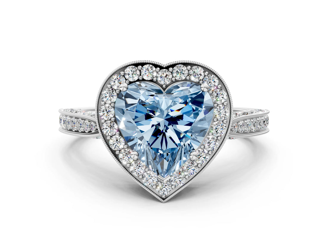 White gold Fancy Blue Heart Cut Halo Diamond Engagement Ring with Split Shank Band and Four-Prong Setting_12