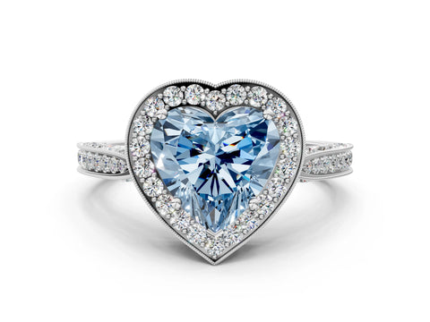 White gold Fancy Blue Heart Cut Halo Diamond Engagement Ring with Split Shank Band and Four-Prong Setting_12