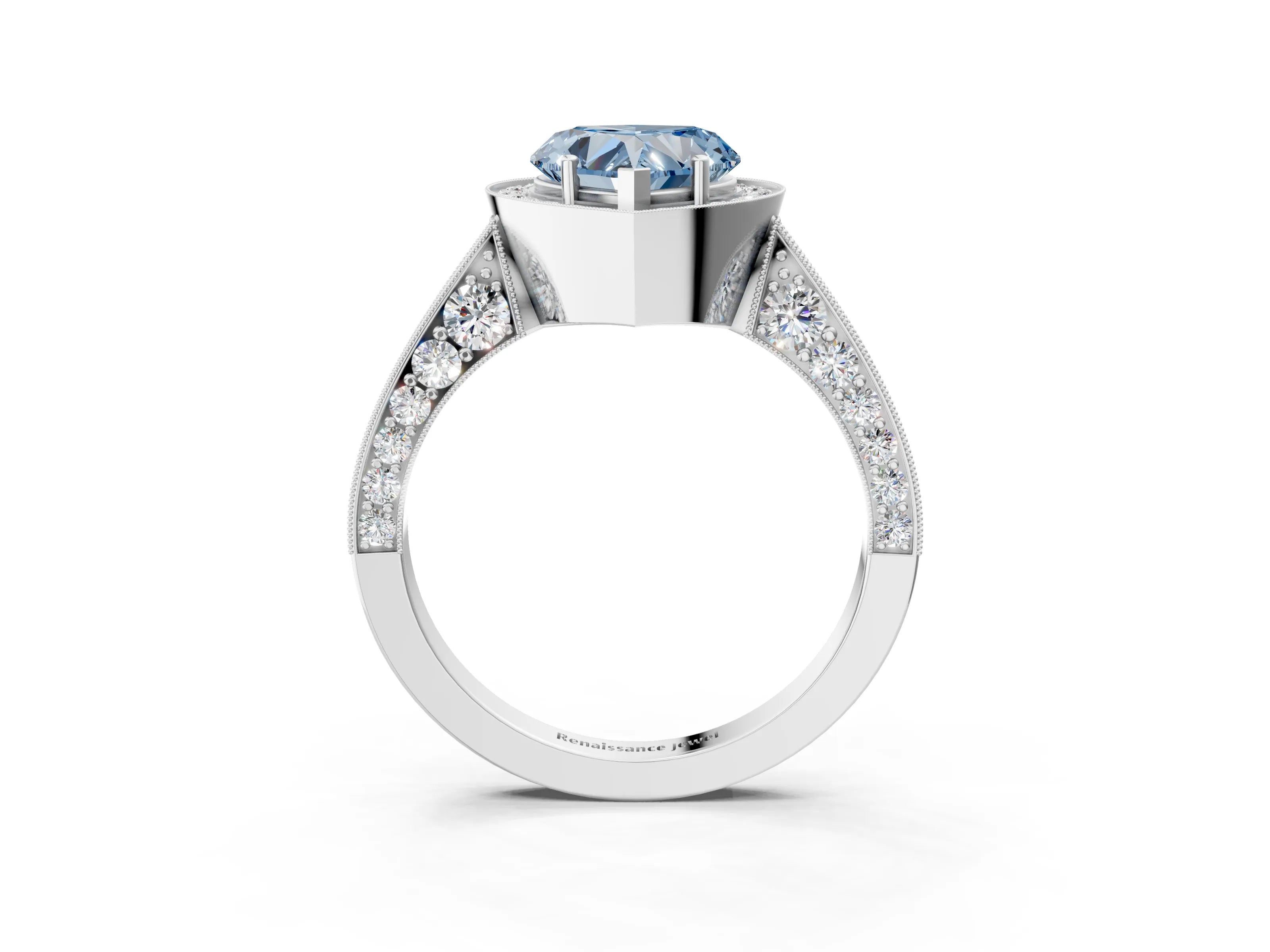 White gold Fancy Blue Heart Cut Halo Diamond Engagement Ring with Split Shank Band and Four-Prong Setting_15