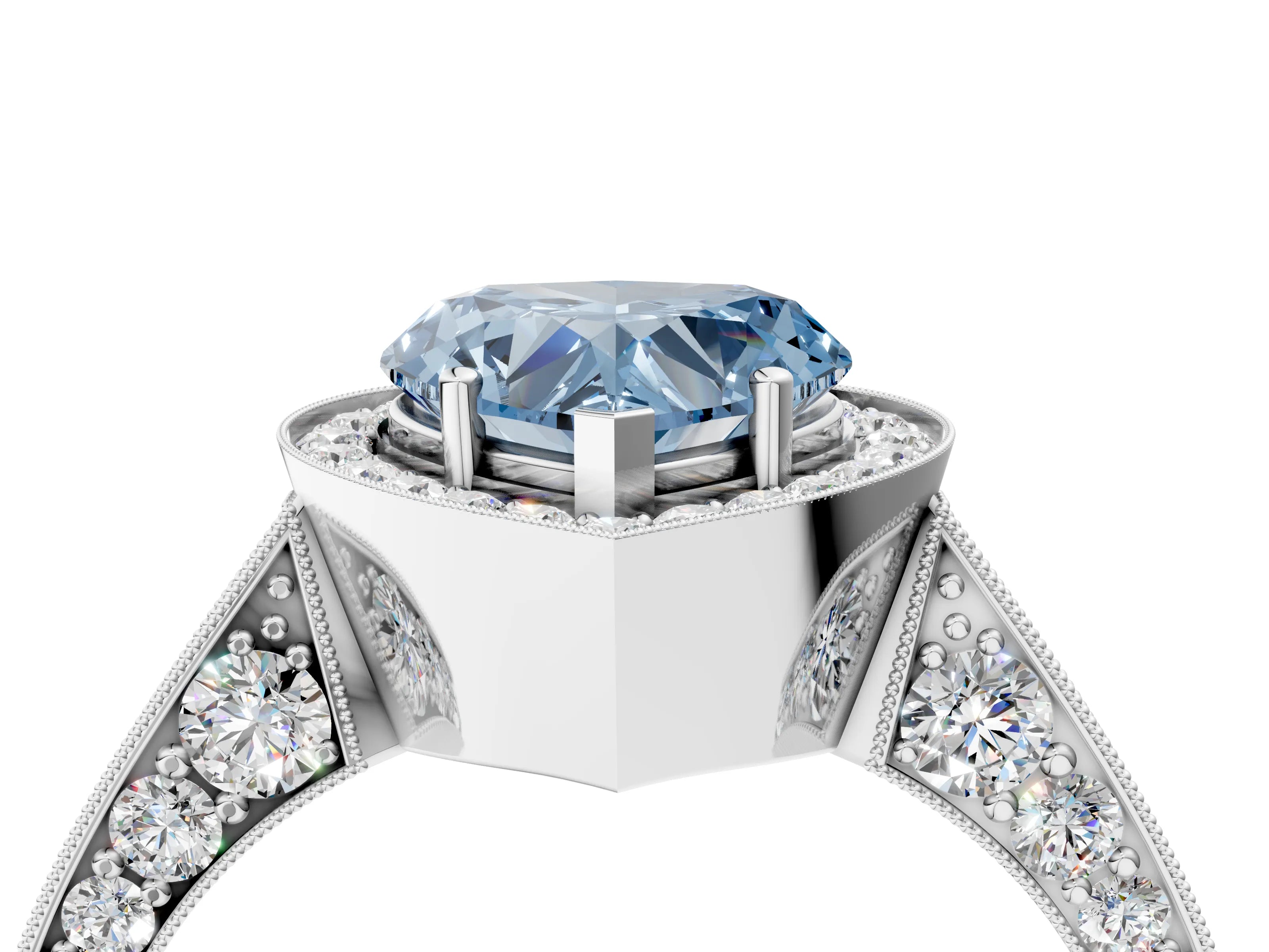 White gold Fancy Blue Heart Cut Halo Diamond Engagement Ring with Split Shank Band and Four-Prong Setting_16