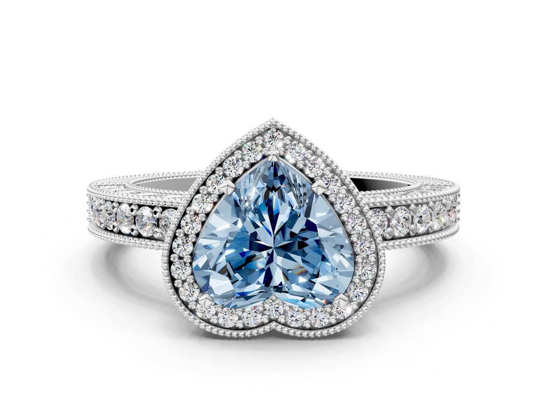 White gold Fancy Blue Heart  Cut Halo Diamond Pave Band Ring with Four-Prong Setting_45