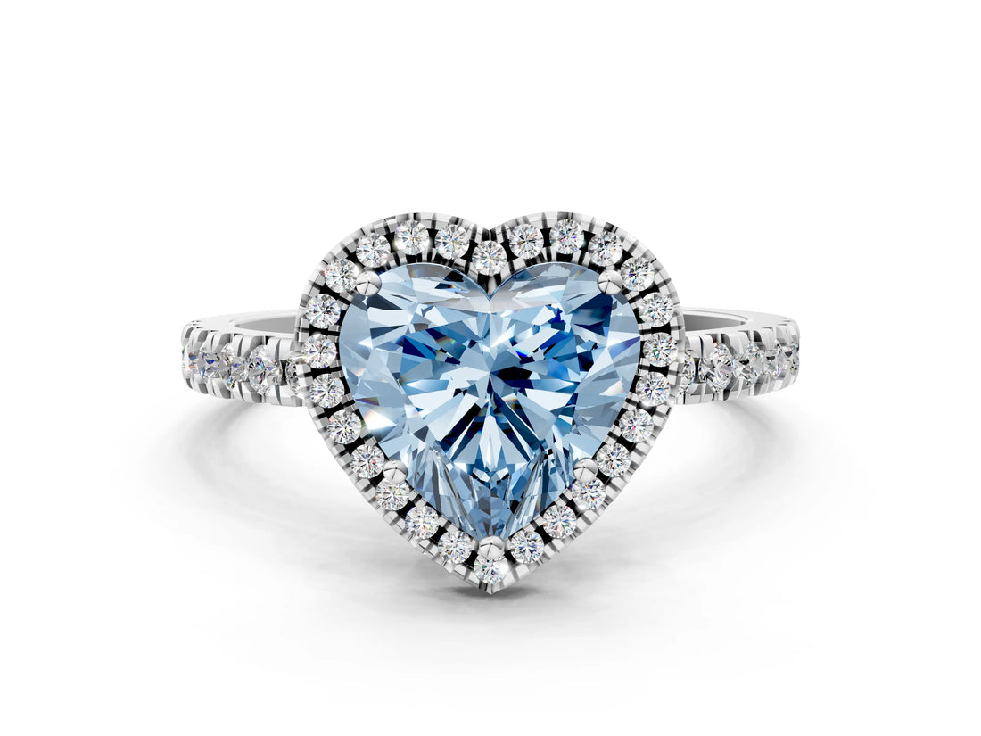 White gold Fancy Blue Heart Cut Halo Diamond Pave Band with Prong Setting