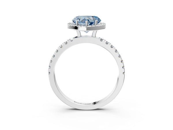 White gold Fancy Blue Heart Cut Halo Diamond Pave Band with Prong Setting