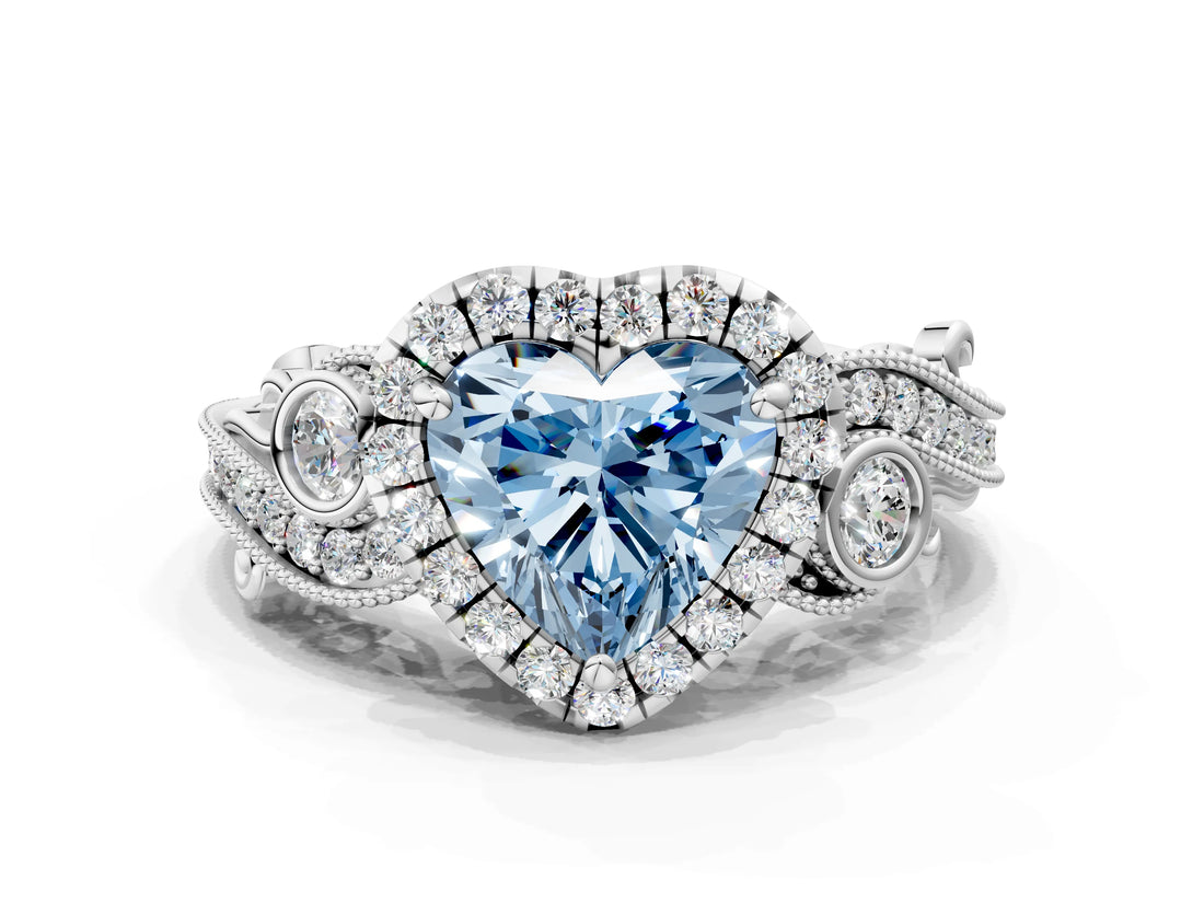 White gold Fancy Blue Heart Cut Halo Diamond Ring with Milgrain and Bezel Accents on a Split Shank Band_12