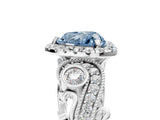 White gold Fancy Blue Heart Cut Halo Diamond Ring with Milgrain and Bezel Accents on a Split Shank Band_17