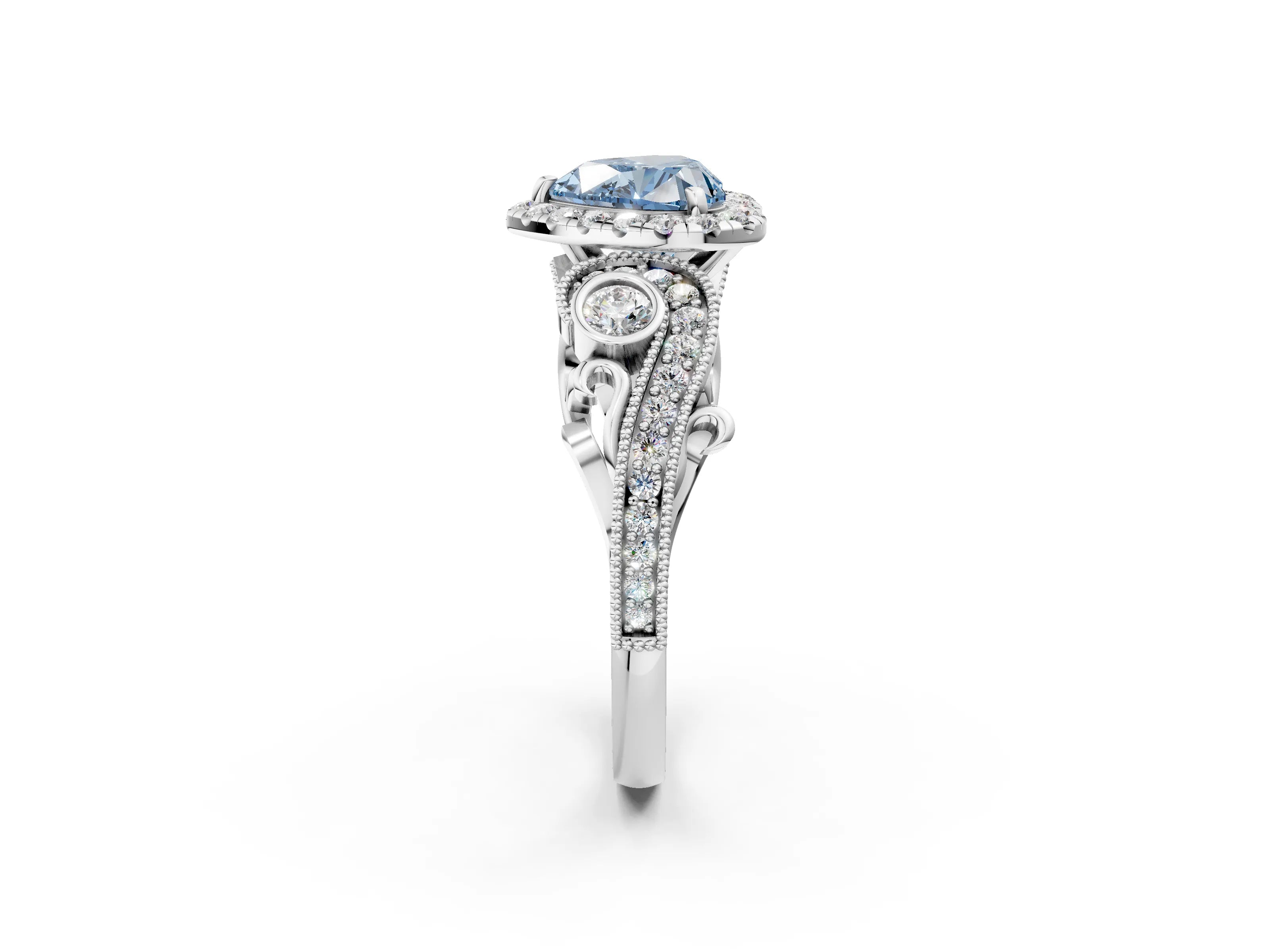 White gold Fancy Blue Heart Cut Halo Diamond Ring with Milgrain and Bezel Accents on a Split Shank Band_2