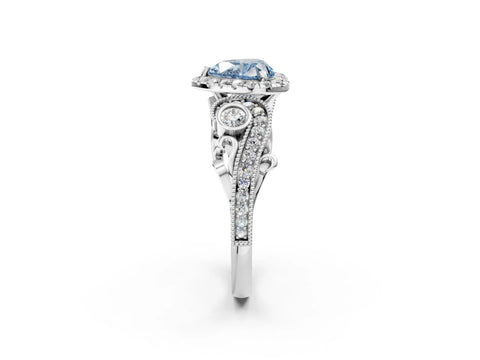 White gold Fancy Blue Heart Cut Halo Diamond Ring with Milgrain and Bezel Accents on a Split Shank Band_2