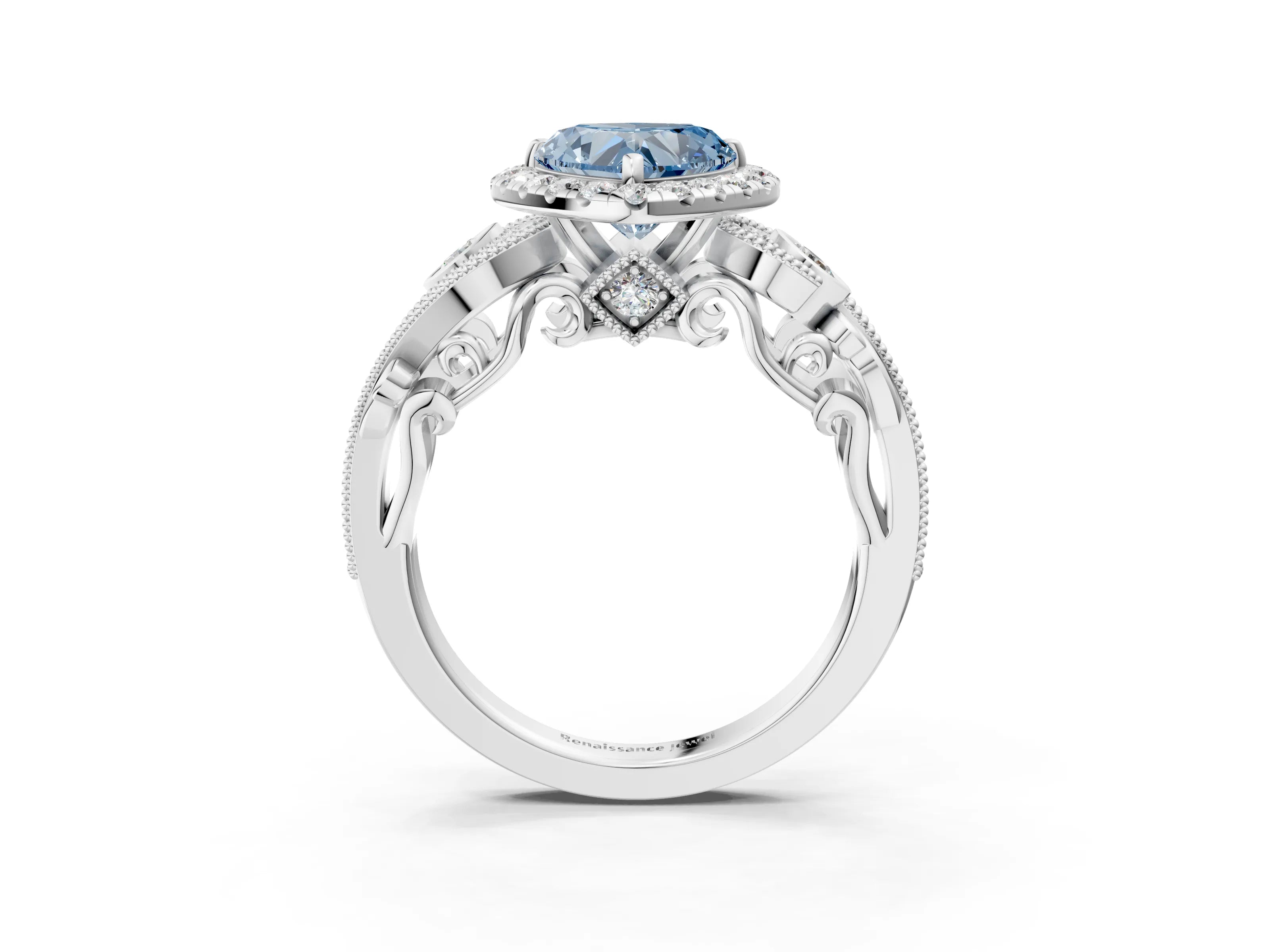 White gold Fancy Blue Heart Cut Halo Diamond Ring with Milgrain and Bezel Accents on a Split Shank Band_3