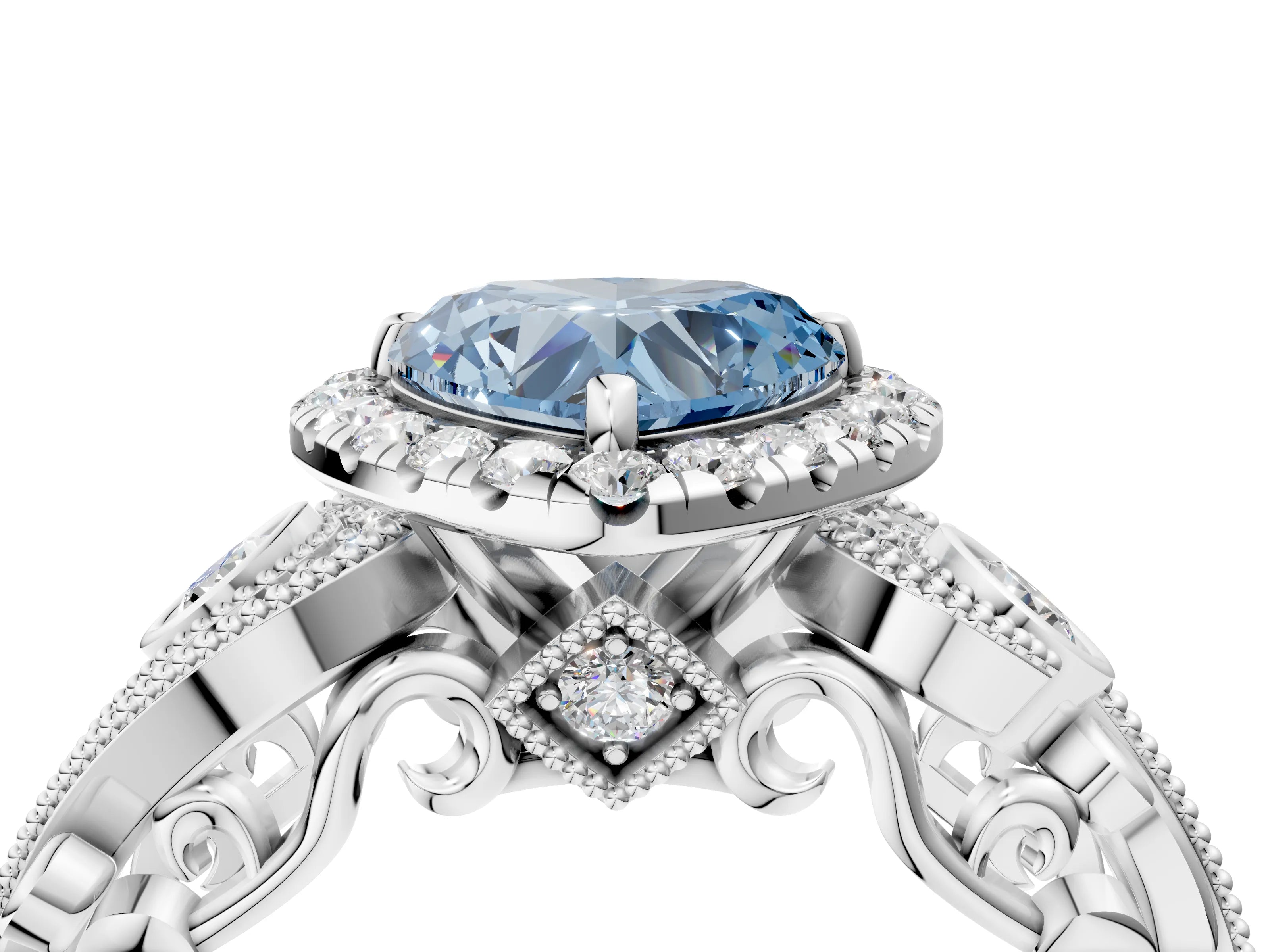 White gold Fancy Blue Heart Cut Halo Diamond Ring with Milgrain and Bezel Accents on a Split Shank Band_4