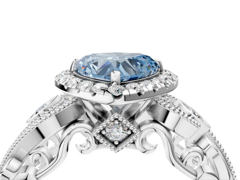 White gold Fancy Blue Heart Cut Halo Diamond Ring with Milgrain and Bezel Accents on a Split Shank Band_4