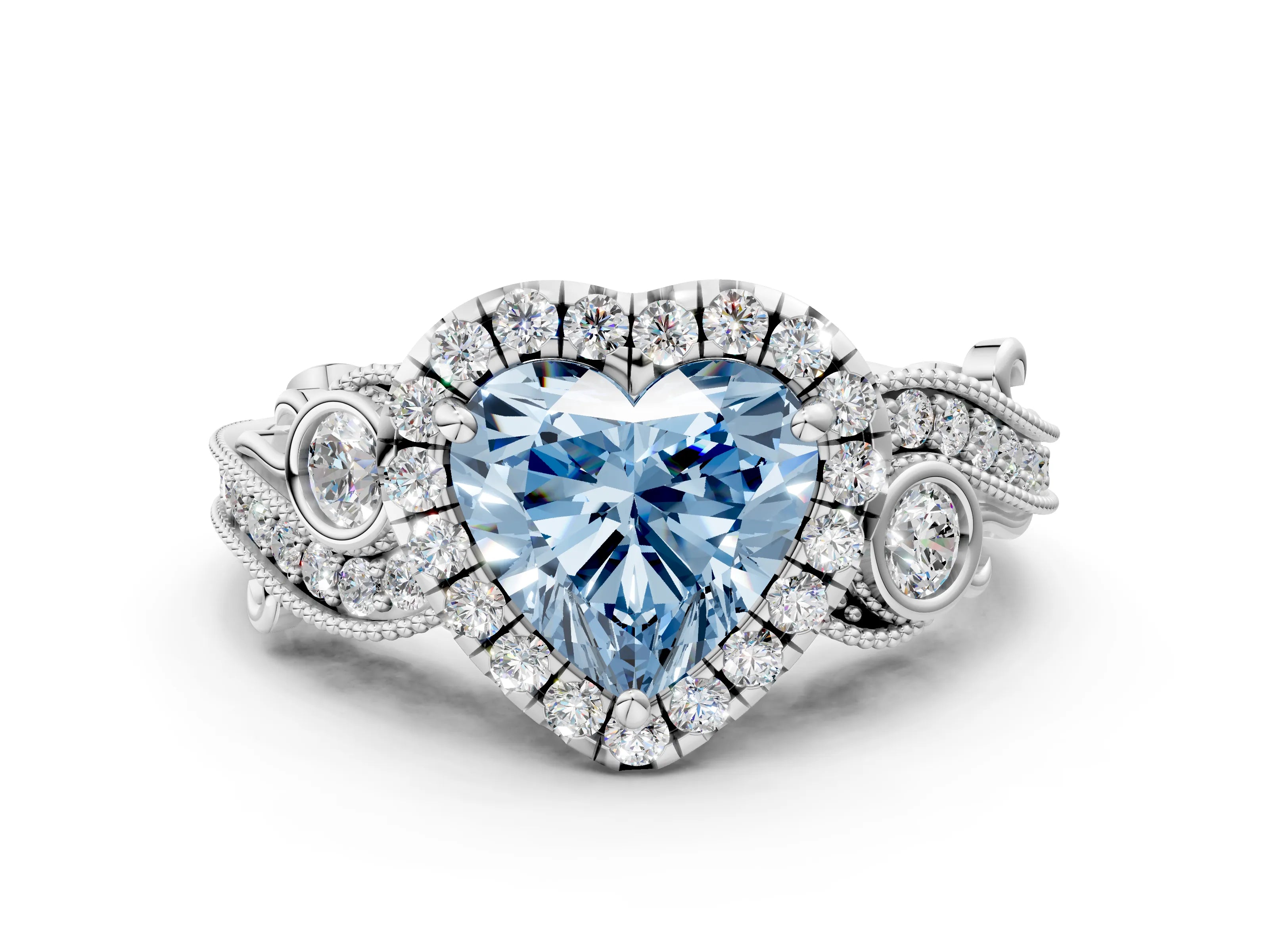 White gold Fancy Blue Heart Cut Halo Diamond Ring with Milgrain and Bezel Accents on a Split Shank Band