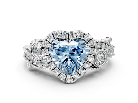 White gold Fancy Blue Heart Cut Halo Diamond Ring with Milgrain and Bezel Accents on a Split Shank Band