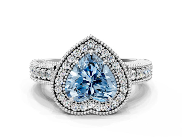 Platinum Fancy Blue Heart  Cut Halo Diamond Ring with Pavé Band and Four-Prong Setting